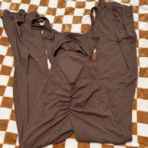 Ruched Front Sleeveless Jumpsuit - Chocolate Brown